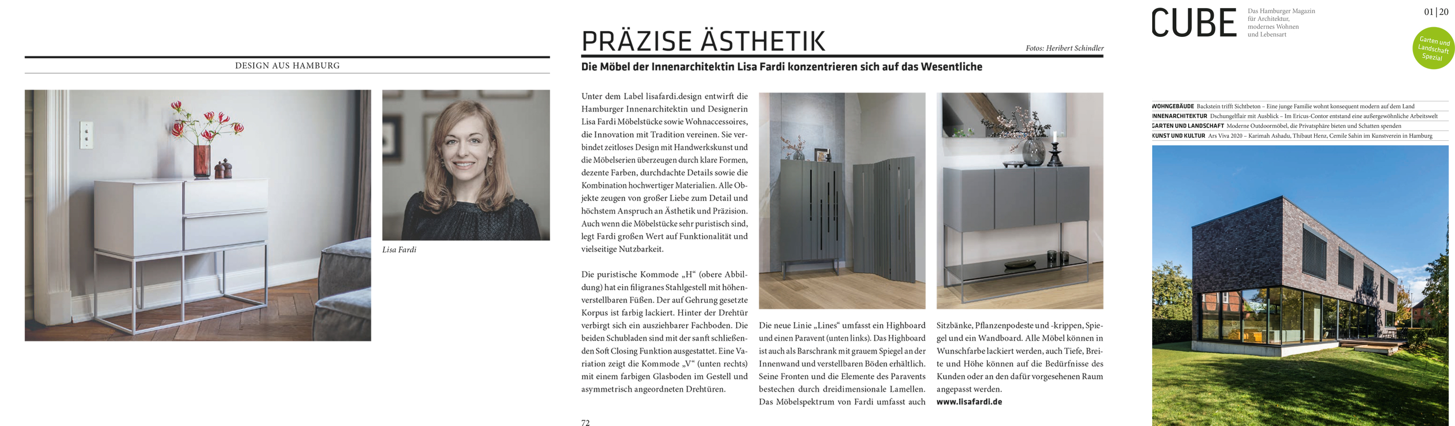 Artikel im Cube Magazin Haburg,Präzise Ästhetik, eine Artikel über das Label lisafardiDESIGN der Innenarchitektin Lisa Fardi aus Hamburg