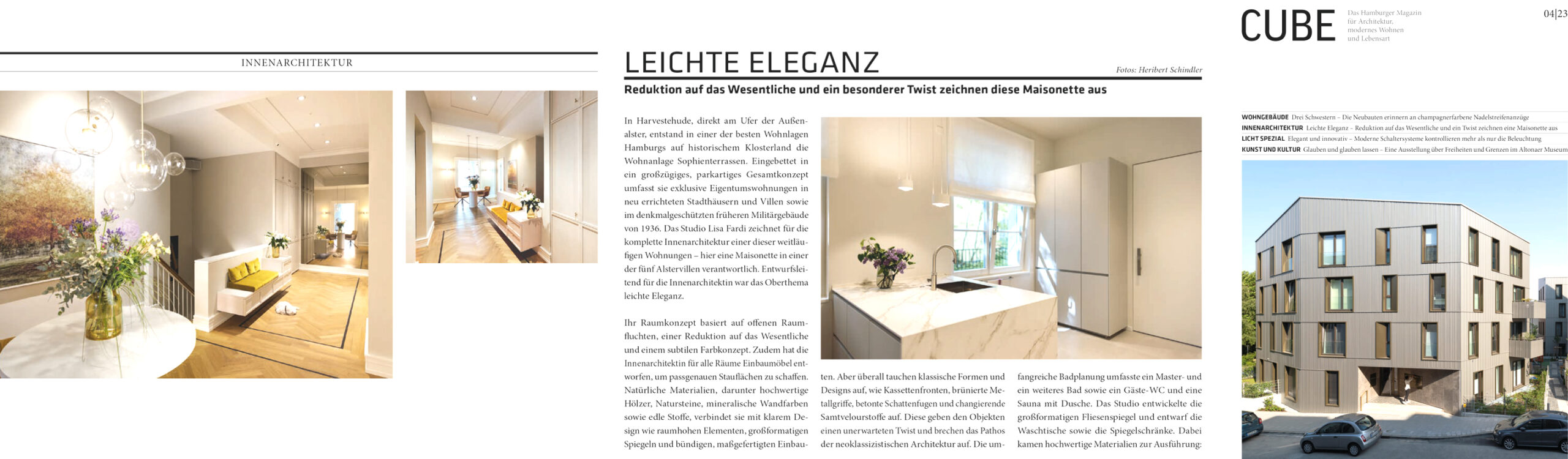 Artikel LEICHTE ELEGANZ im Cube Magazin über die Innenarchitektin Lisa Fardi. Projekt in den Sophienterrassen Hamburg